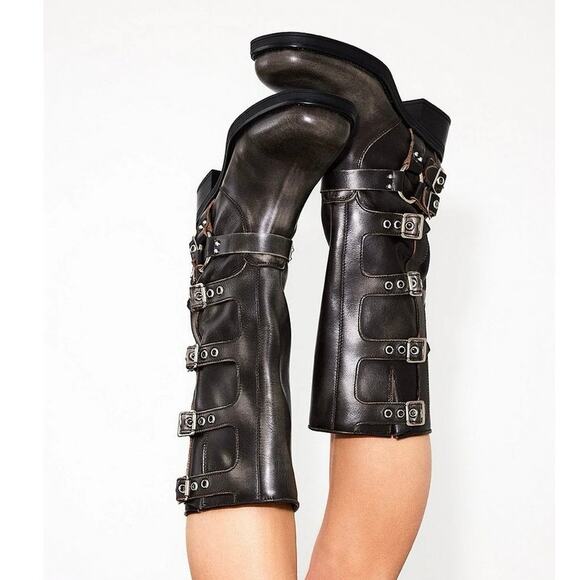 Steve Madden Rocky Distressed Leather Buckle Hardware Tall Moto Engineer Boots - Picture 8 of 16